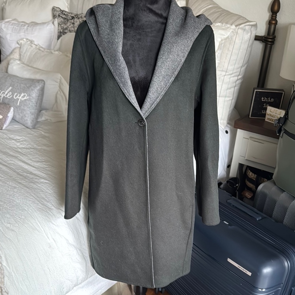 Gray Hooded Trench Coat with Lapel Collar
